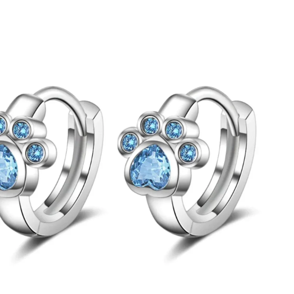 NEW Silver Blue Cute Cat Paw Hoop Earrings - Picture 6 of 7